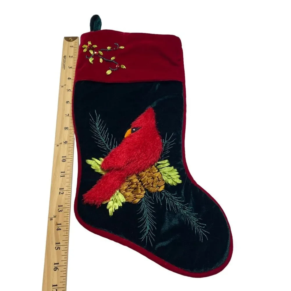 Santa’s Best 3D Red Cardinal on Branch Embroidered Velvet Christmas Stocking